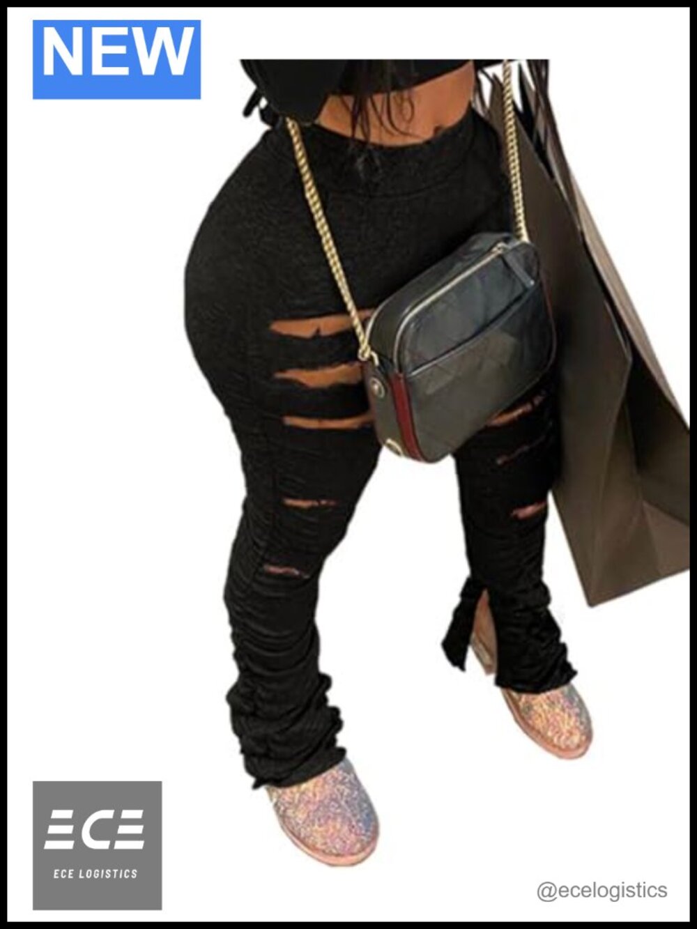 Women's High Waist Ripped Ruched Stacked Joggers Leggings